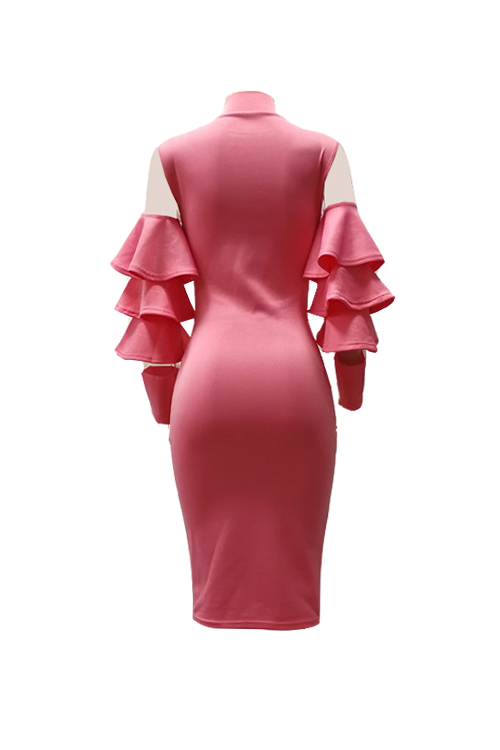  Sexy Round Neck Ruffle Sleeves Gauze Patchwork Pink Polyester Knee Length Dress