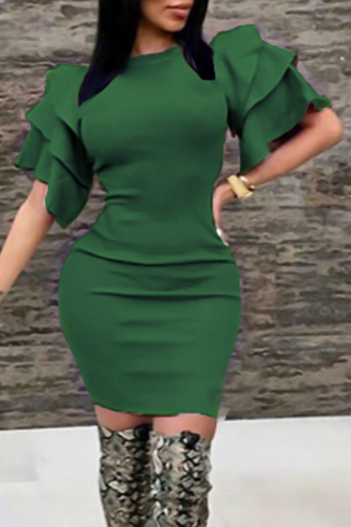  Sexy Round Neck Ruffle Sleeves Green Polyester Knee Length Dress