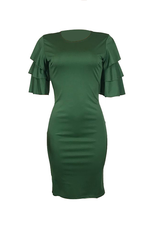  Sexy Round Neck Ruffle Sleeves Green Polyester Knee Length Dress