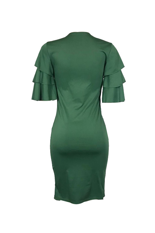  Sexy Round Neck Ruffle Sleeves Green Polyester Knee Length Dress