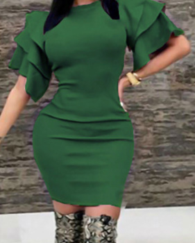  Sexy Round Neck Ruffle Sleeves Green Polyester Knee Length Dress