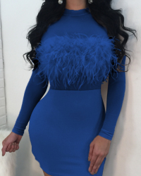  Sexy Round Neck See-Through Blue Polyester Sheath Knee Length Dress