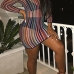  Sexy Round Neck See-Through Rainbow Striped Printed Gauze Sheath Mini Dress(Without Subcoating)