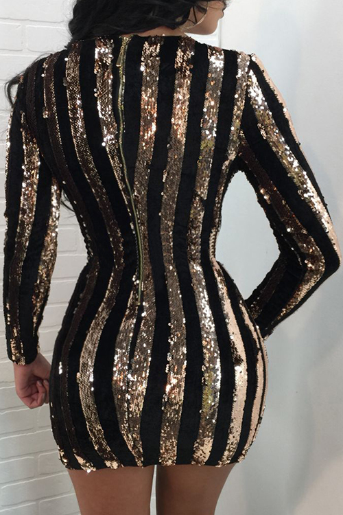  Sexy Round Neck Sequins Decoration Gold Polyester Mini Bodycon Dress