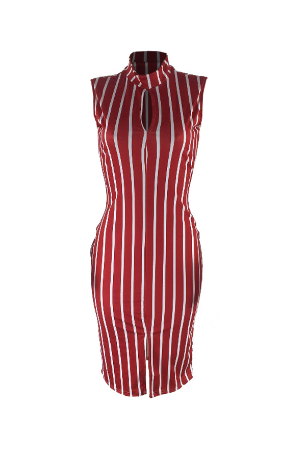  Sexy Round Neck Striped Wine Red Polyester Knee Length Dress