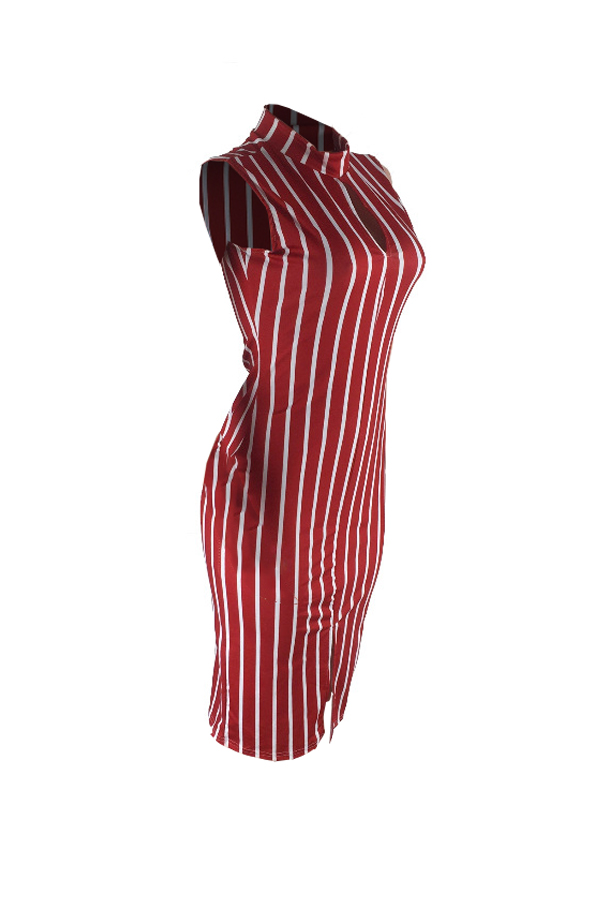  Sexy Round Neck Striped Wine Red Polyester Knee Length Dress