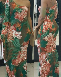  Sexy Show A Shoulder Floral Printed Healthy Fabric Ankle Length Dress(Non Positioning Printing)