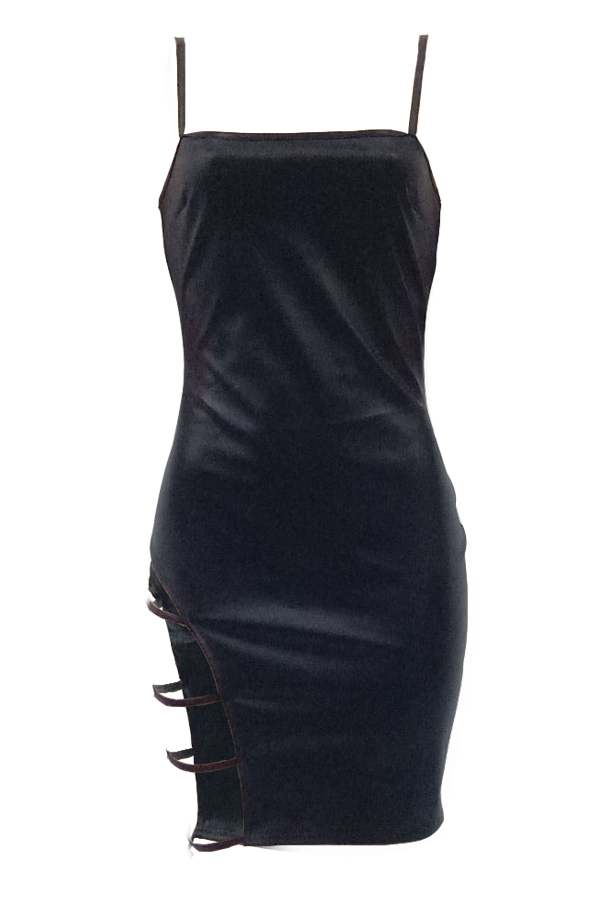  Sexy Sleeveless Hollow-out Black PU Mini Slip Dress