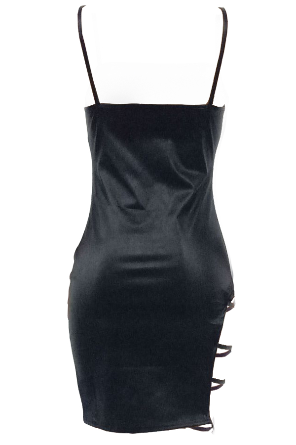  Sexy Sleeveless Hollow-out Black PU Mini Slip Dress