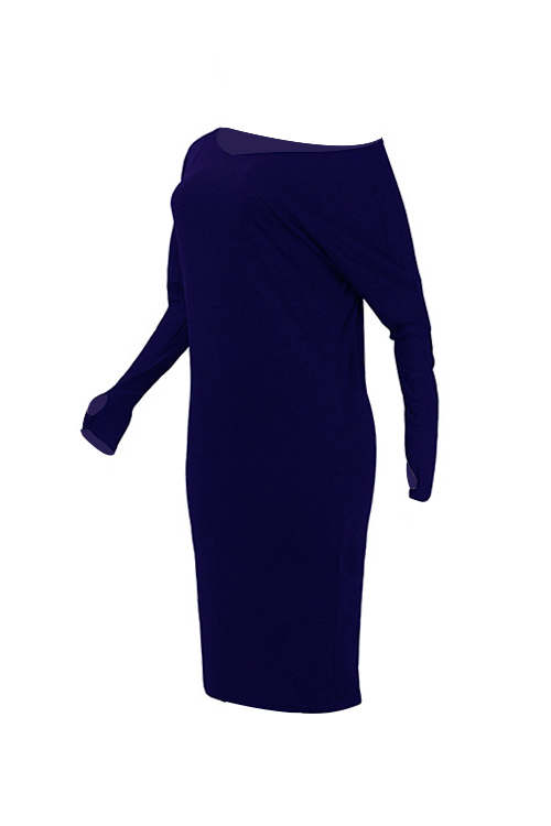  Sexy Sloping Shoulder Gloves Design Royalblue Cotton Blend Mid Calf Dress