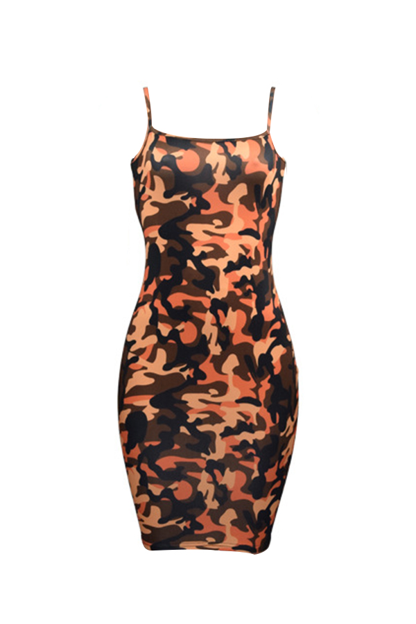  Sexy Spaghetti Strap Sleeveless Camouflage Printed Yellow Polyester Knee Length Dress