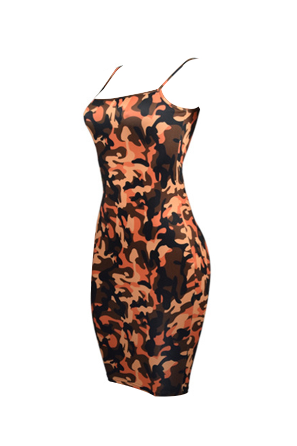  Sexy Spaghetti Strap Sleeveless Camouflage Printed Yellow Polyester Knee Length Dress