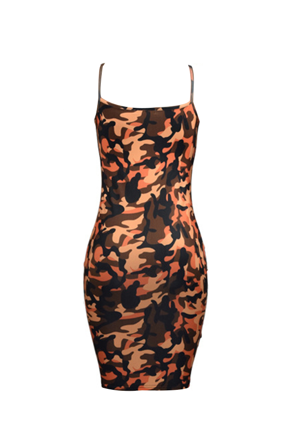  Sexy Spaghetti Strap Sleeveless Camouflage Printed Yellow Polyester Knee Length Dress