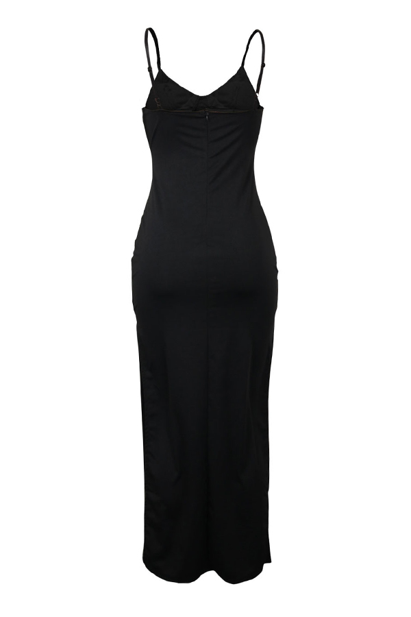  Sexy Spaghetti Strap Sleeveless Hot Drilling Decorative Black Polyester Ankle Length Dress