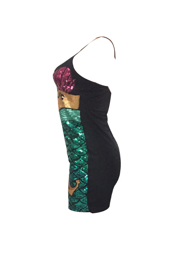  Sexy Spaghetti Strap Sleeveless Sequins Decoration Green Polyester Mini Dress