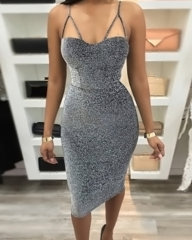  Sexy Spaghetti Strap Sleeveless Silver Blending Knee Length Dress