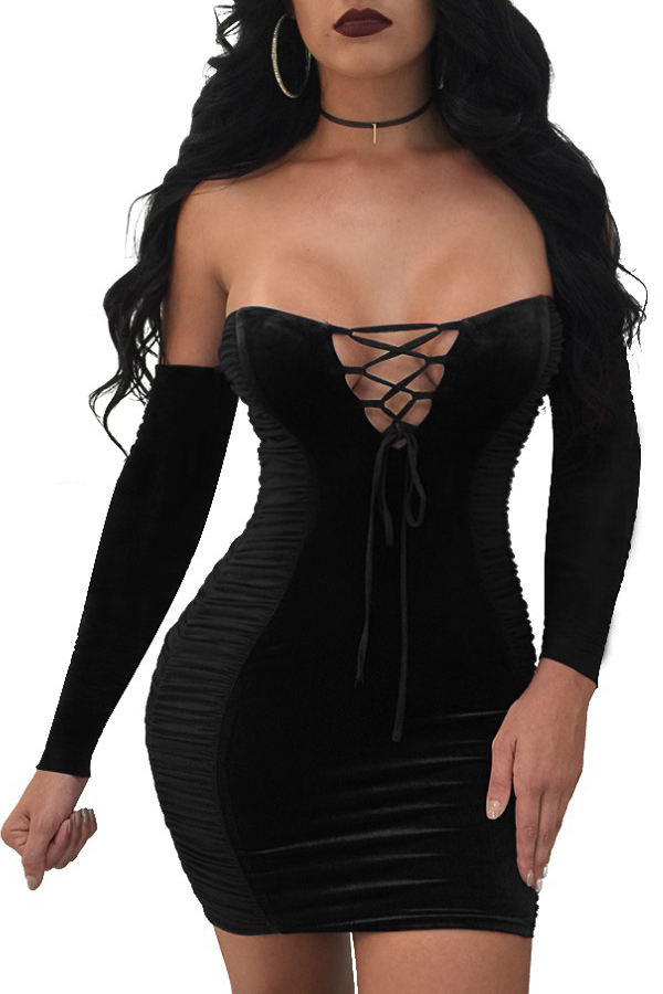  Sexy Strapless Lace-up Hollow-out Black Polyester Mini Dress