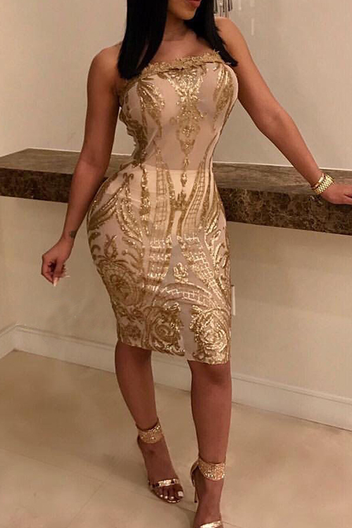  Sexy Strapless See-Through Sequins Decoration Gold Polyester Knee Length Dress(Without Subcoating)