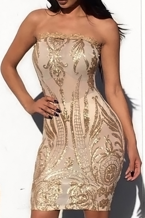  Sexy Strapless See-Through Sequins Decoration Gold Polyester Knee Length Dress(Without Subcoating)