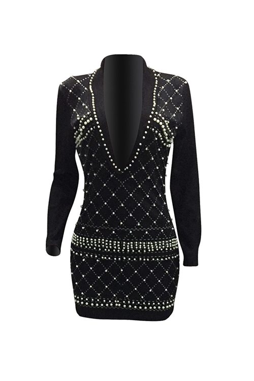  Sexy Turndown Collar Hot Silver Design Pearl Trim Black Polyester Mini Dress