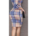  Sexy Turndown Collar Lace-up Grid Printed Blue Polyester Mini Dress