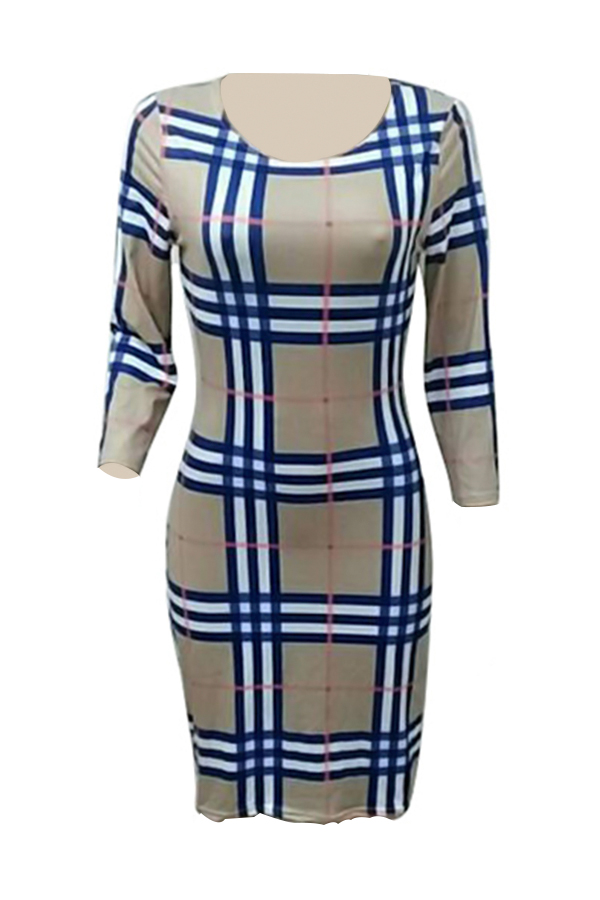  Sexy Turndown Collar Lace-up Grid Printed Blue Polyester Mini Dress