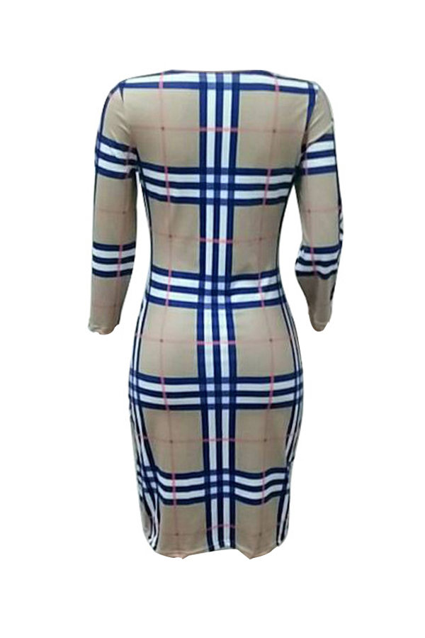  Sexy Turndown Collar Lace-up Grid Printed Blue Polyester Mini Dress