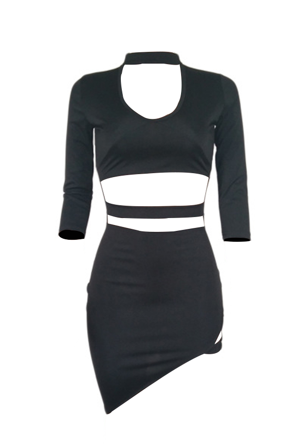  Sexy Turtleneck Hollow-out Black Polyester Mini Dress