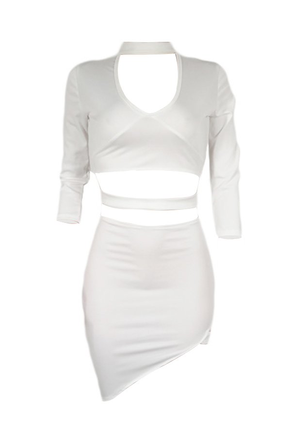  Sexy Turtleneck Hollow-out White Polyester Mini Dress