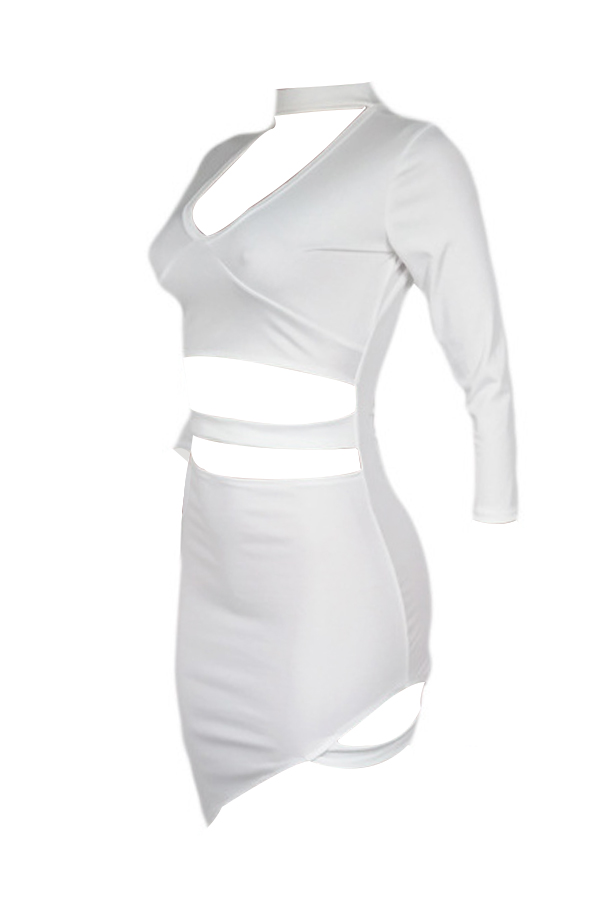  Sexy Turtleneck Hollow-out White Polyester Mini Dress