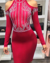  Sexy Turtleneck Hot Drilling Decorative Red Polyester Knee Length Dress