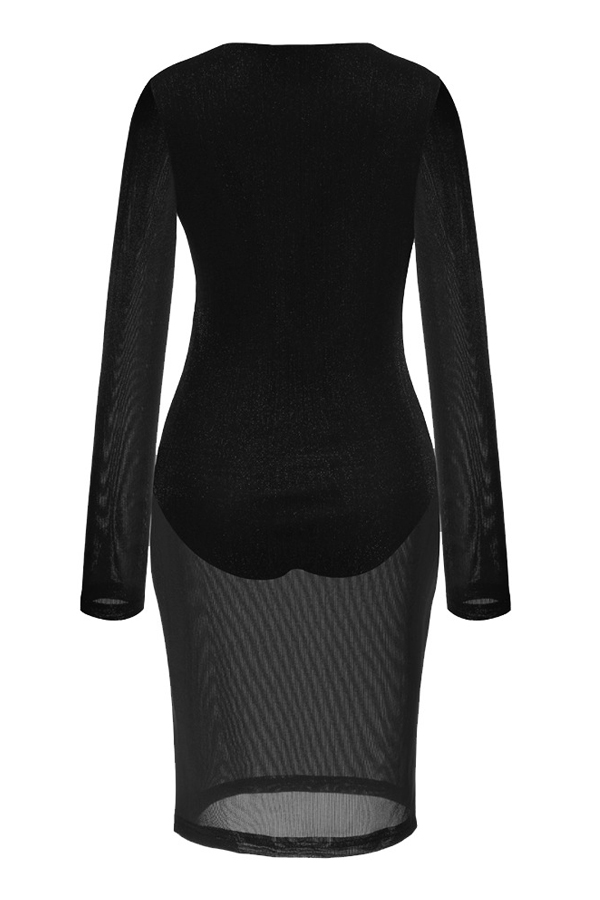  Sexy U Neck See-Through Black Polyester Knee Length Dress