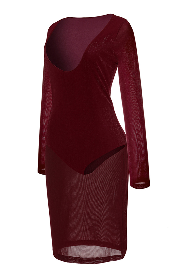  Sexy U Neck See-Through Wine Red Polyester Knee Length Dress