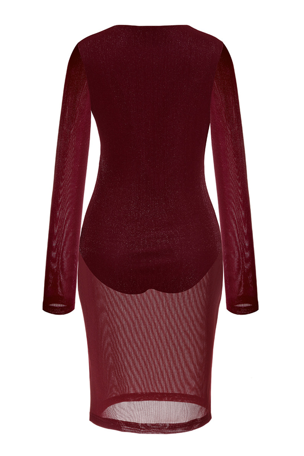  Sexy U Neck See-Through Wine Red Polyester Knee Length Dress