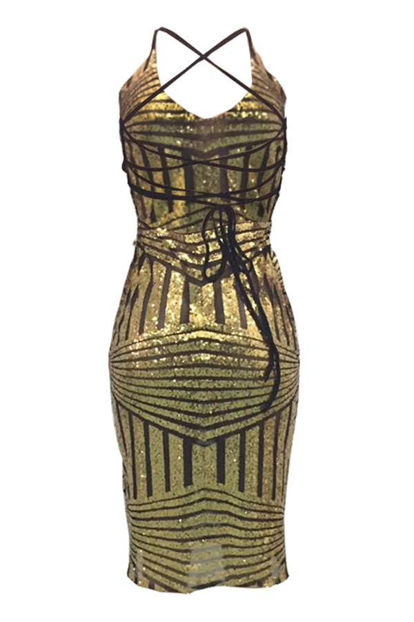  Sexy V Neck Back Lace-up Hollow-out Gold Polyester Knee Length Dress