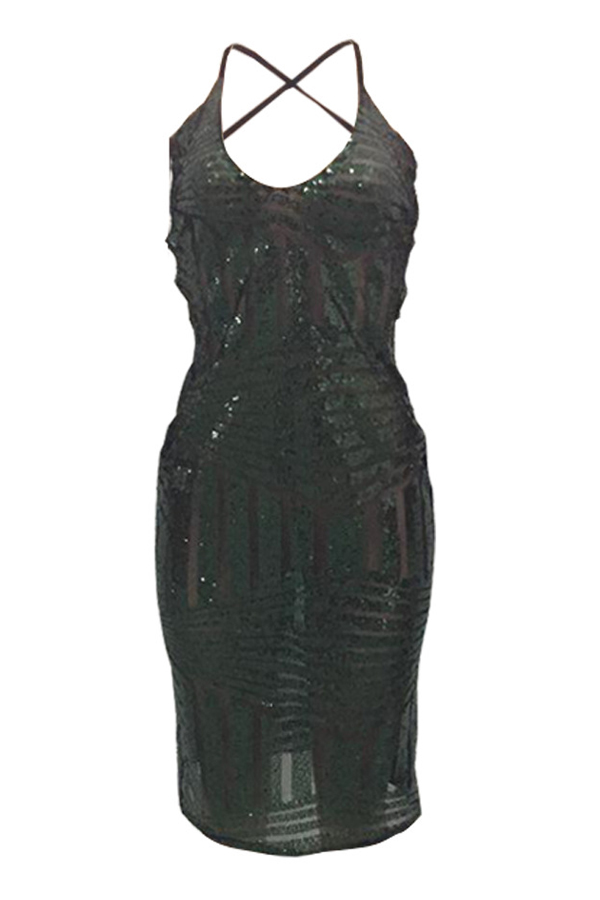  Sexy V Neck Back Lace-up Hollow-out Green Polyester Knee Length Dress