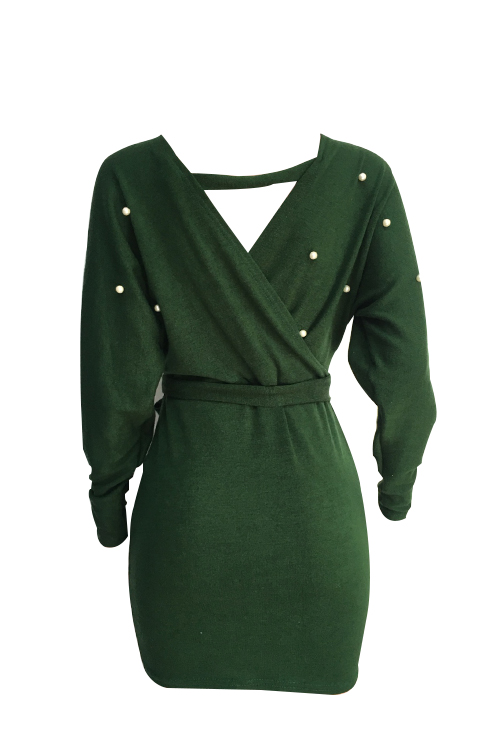  Sexy V Neck Backless Pearl Decoration Green Polyester Mini Bodycon Dress(With Belt)