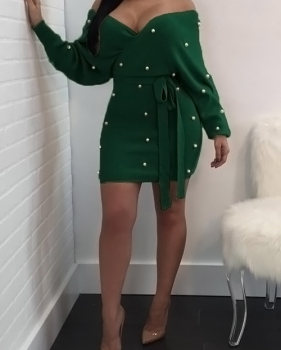  Sexy V Neck Backless Pearl Decoration Green Polyester Mini Bodycon Dress(With Belt)