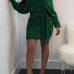  Sexy V Neck Backless Pearl Decoration Green Polyester Mini Bodycon Dress(With Belt)