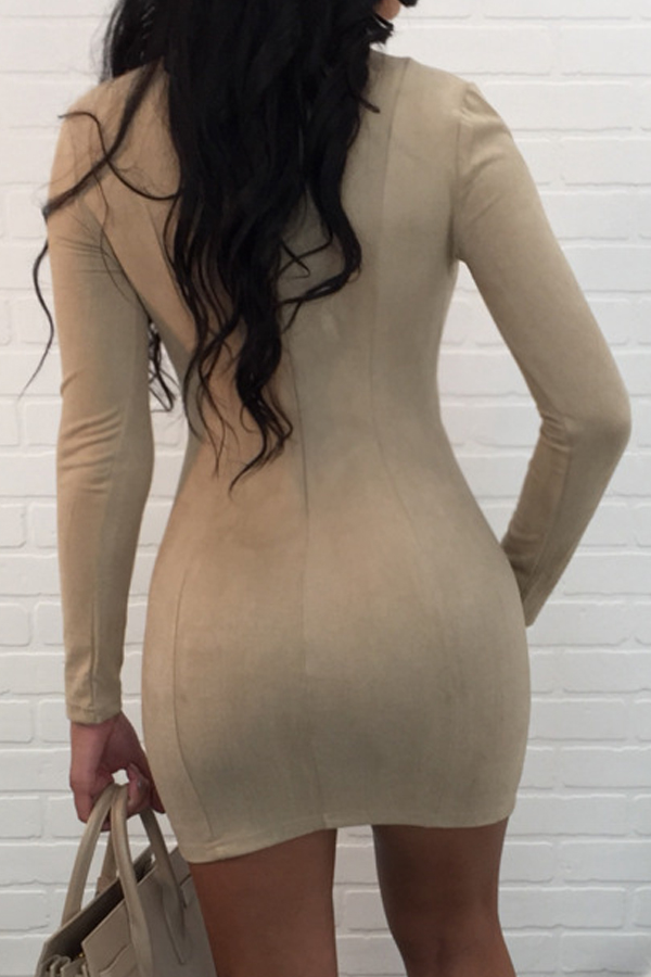  Sexy V Neck Bandage Design Apricot Polyester Mini Dress