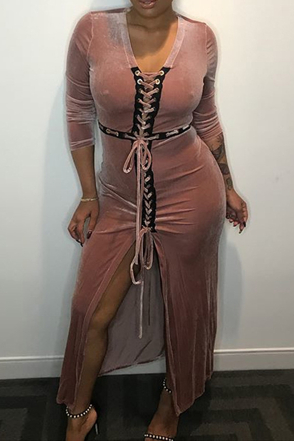  Sexy V Neck Bandage Design Pink Velvet Ankle Length Dress