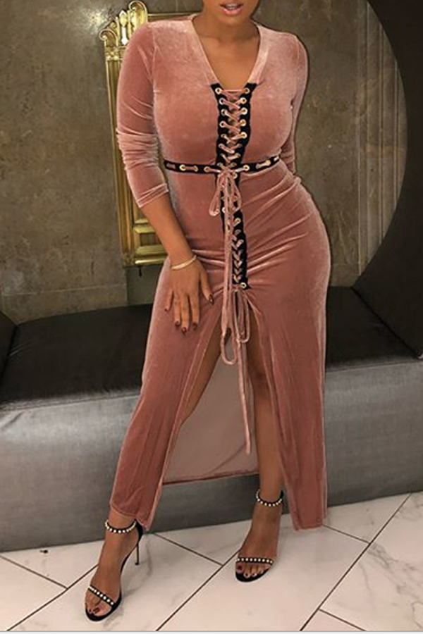  Sexy V Neck Bandage Design Pink Velvet Ankle Length Dress