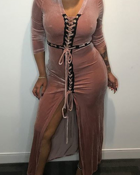  Sexy V Neck Bandage Design Pink Velvet Ankle Length Dress