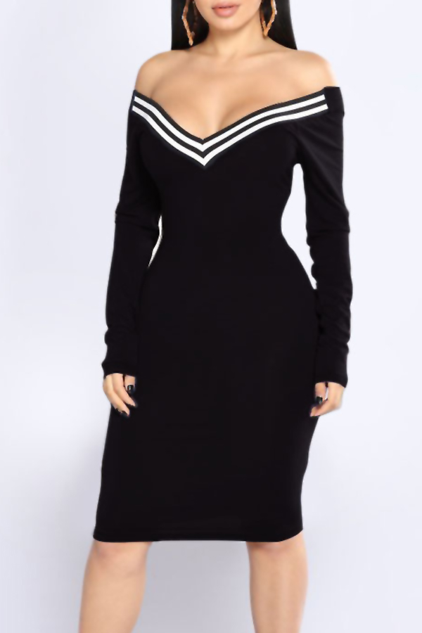  Sexy V Neck Cap Sleeves Striped Black Polyester  Knee Length Dress