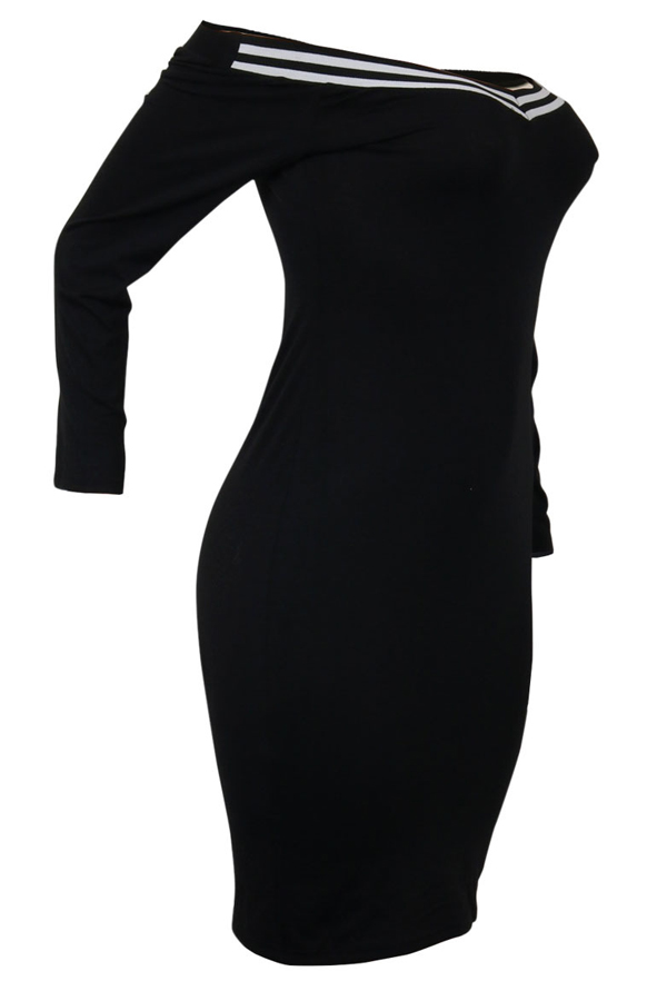  Sexy V Neck Cap Sleeves Striped Black Polyester  Knee Length Dress