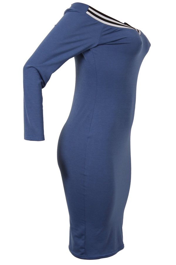  Sexy V Neck Cap Sleeves Striped Blue Polyester Knee Length Dress