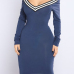  Sexy V Neck Cap Sleeves Striped Blue Polyester Knee Length Dress