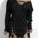  Sexy V Neck Eyelets Design Lace-up Black Polyester Mini Dress