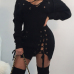  Sexy V Neck Eyelets Design Lace-up Black Polyester Mini Dress