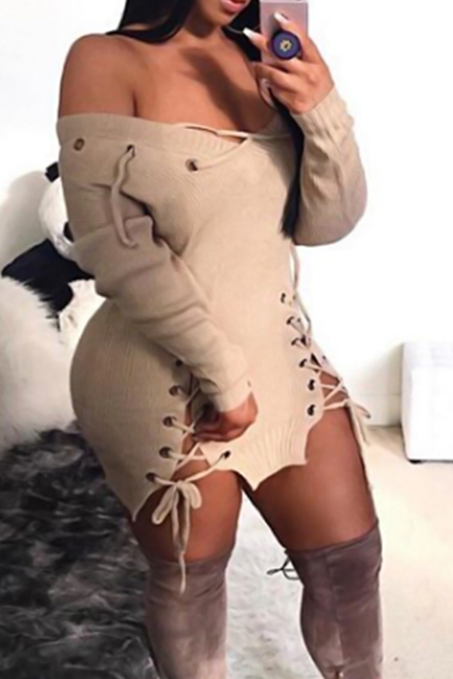  Sexy V Neck Eyelets Design Lace-up Khaki Polyester Mini Dress